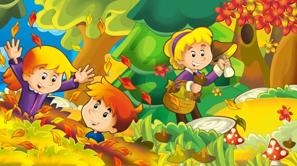 Cartoon Autumn Nature Background Girl Boy Gathering Mushrooms Illustration Children — Stock Photo, Image