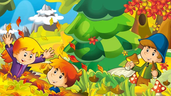 Cartone Animato Autunno Natura Sfondo Con Ragazzo Raccolta Funghi Illustrazione — Foto Stock