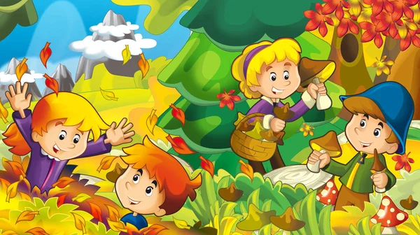 Cartoon Herbst Natur Hintergrund Mit Mädchen Und Jungen Pilze Sammeln — Stockfoto