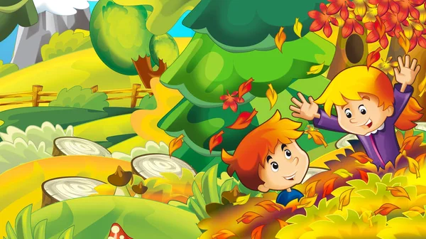 Cartoon Herfst Natuur Achtergrond Met Meisje Jongen Verzamelen Van Paddestoelen — Stockfoto