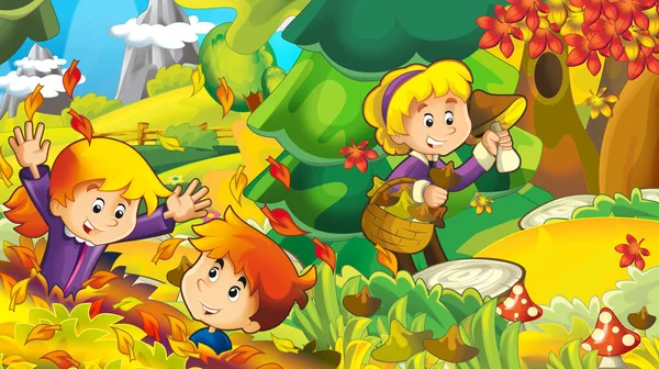 cartoon autumn nature background with girl and boy gathering mushrooms - illustration for children