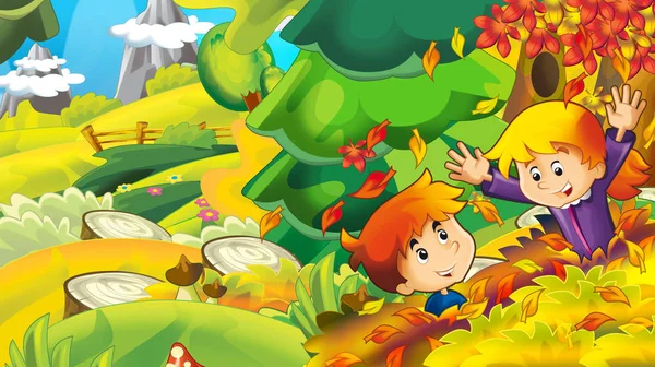 动画片秋天自然背景与女孩和男孩收集蘑菇和有乐趣与下落的叶子 例证为孩子 — 图库照片