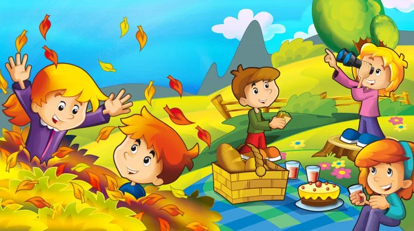 楽しいとピクニック 子供のための図を持つ公園で子供と漫画幸せで面白いシーン — ストック写真