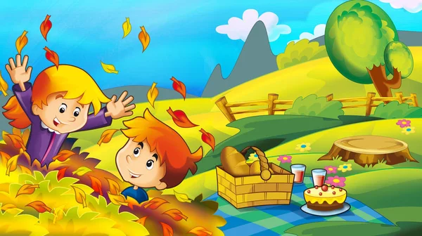 Desenho Animado Cena Feliz Engraçado Com Crianças Parque Divertindo Piquenique — Fotografia de Stock