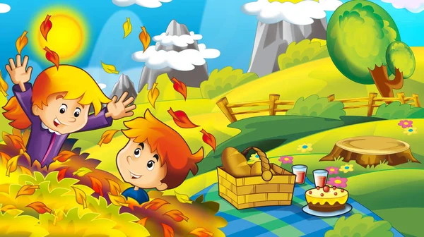 Desenho Animado Cena Feliz Engraçado Com Crianças Parque Divertindo Piquenique — Fotografia de Stock