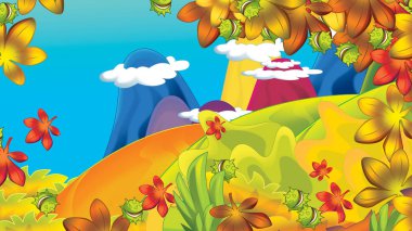 çizgi film Sonbahar Doğa arka plan orman ve dağ ile metin - illüstrasyon çocuklar için için yer