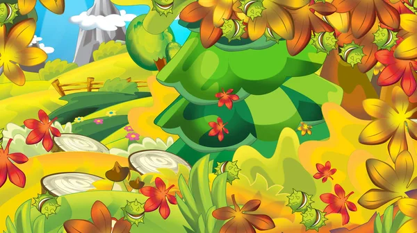 Tecknade Hösten Natur Bakgrund Med Skog Och Berg Med Utrymme — Stockfoto