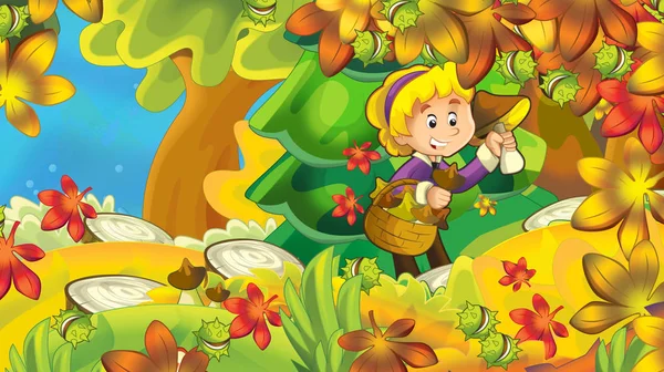 Cartoon Herbst Natur Hintergrund Mit Mädchen Pilze Sammeln Wald Der — Stockfoto