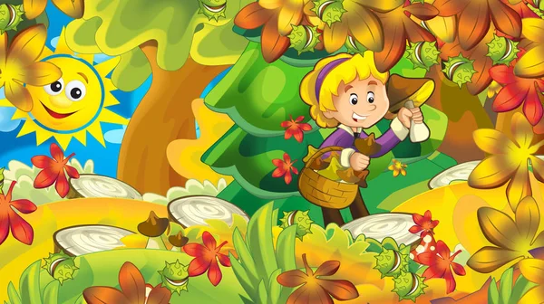 Cartoon Herbst Natur Hintergrund Mit Mädchen Pilze Sammeln Wald Der — Stockfoto