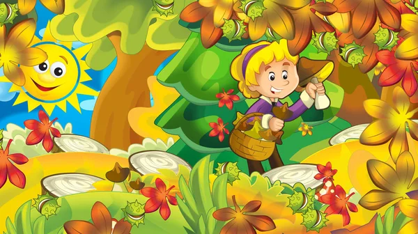 cartoon autumn nature background with girl gathering mushrooms in the forest near the mountains - illustration for children