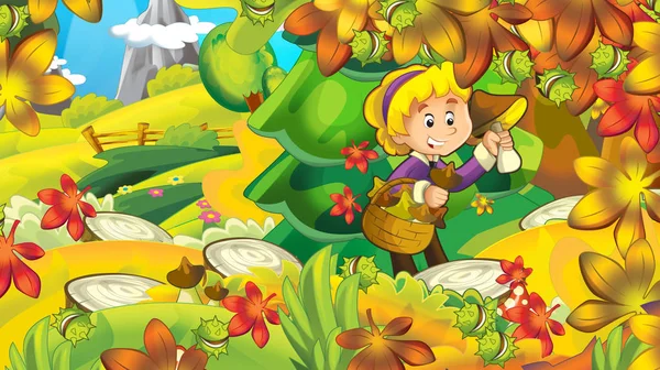 Cartoon Herbst Natur Hintergrund Mit Mädchen Pilze Sammeln Wald Der — Stockfoto