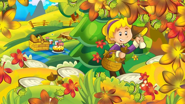 Cartoon Herbst Natur Hintergrund Mit Mädchen Pilze Sammeln Wald Der — Stockfoto