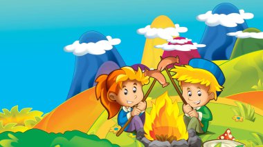 Yaz karikatür veya metin - illüstrasyon çocuklar için için yer ile doğa arka plan bahar