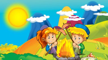 Yaz karikatür veya metin - illüstrasyon çocuklar için için yer ile doğa arka plan bahar