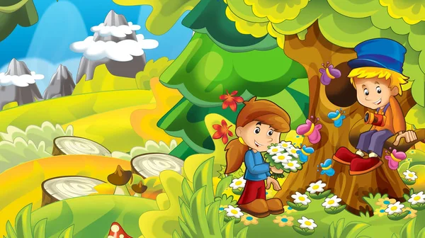 cartoon nature background with kids having fun in the forest - illustration for children