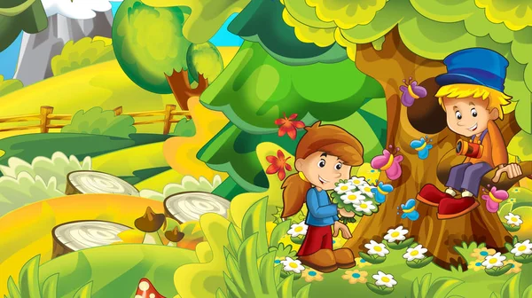 Cartoon Natur Bakgrund Med Barnen Har Roligt Skogen Illustration För — Stockfoto