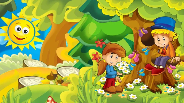 Cartoon Natur Hintergrund Mit Kindern Die Spaß Wald Haben Illustration — Stockfoto