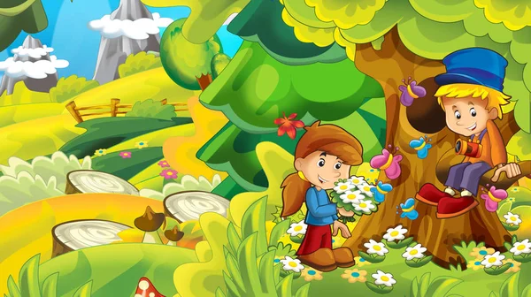 Cartoon Herbst Natur Hintergrund Den Bergen Mit Kindern Spaß Mit — Stockfoto