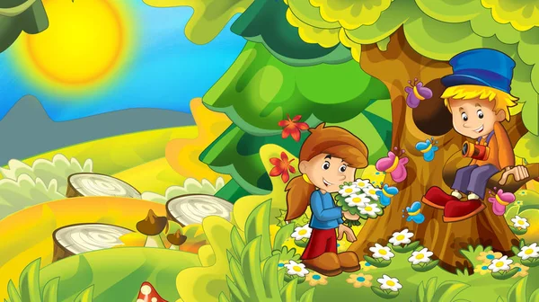 cartoon autumn nature background in the mountains with kids having fun with space for text - illustration for children