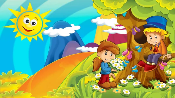 动画片秋天自然背景在山与孩子们有乐趣与空间为文本 例证为孩子 — 图库照片