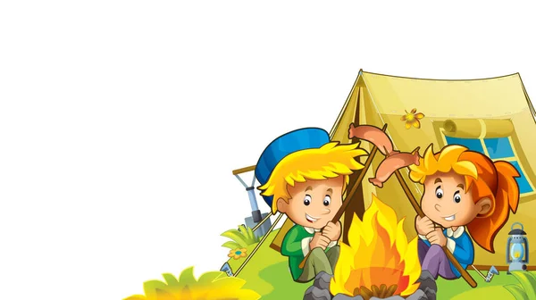 Kreskówka Jesień Natura Tło Dziećmi Zabawy Kemping Namiotu Miejsca Tekst — Zdjęcie stockowe