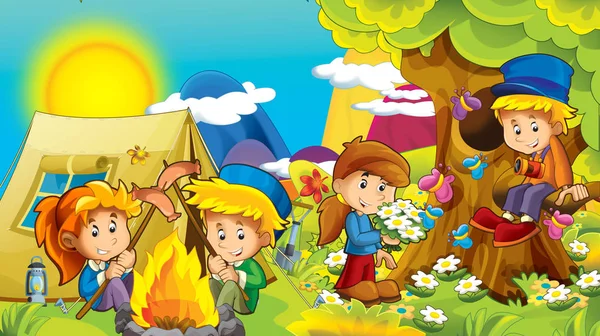 Cartoon Herbst Natur Hintergrund Den Bergen Mit Kindern Spaß Mit — Stockfoto