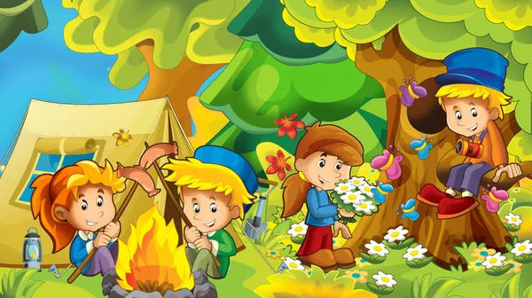 Fondo Naturaleza Dibujos Animados Con Niños Divirtiéndose Campamento Forestal Con — Foto de Stock