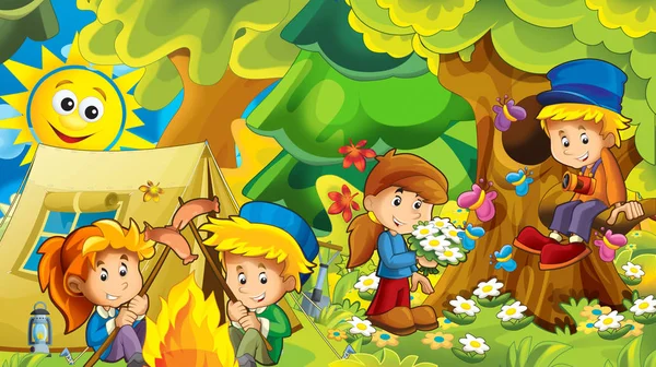Kreslený Přírodní Pozadí Děti Baví Lese Táboření Stanem Ilustrace Pro — Stock fotografie