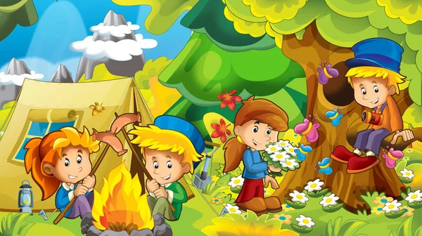 卡通自然背景与孩子们在森林野营与帐篷的乐趣 例证为孩子 — 图库照片