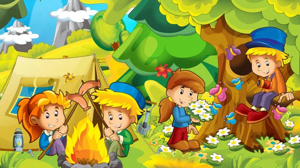 Cartoon Herbst Natur Hintergrund Den Bergen Mit Kindern Spaß Beim — Stockfoto