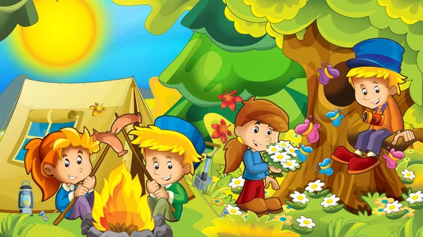 Cartoon Herbst Natur Hintergrund Den Bergen Mit Kindern Spaß Beim — Stockfoto