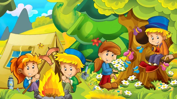 Cartoon Herbst Natur Hintergrund Den Bergen Mit Kindern Spaß Beim — Stockfoto