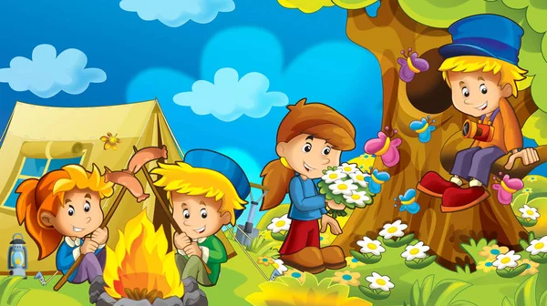 Cartoon Autumn Nature Background Mountains Kids Having Fun Camping Tent — Stock Photo, Image