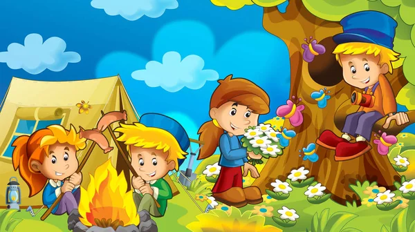 cartoon autumn nature background in the mountains with kids having fun camping with tent with space for text - illustration for children