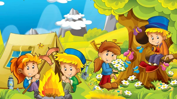 Cartoon Herbst Natur Hintergrund Den Bergen Mit Kindern Spaß Beim — Stockfoto