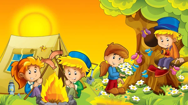 Cartoon Herbst Natur Hintergrund Den Bergen Mit Kindern Spaß Beim — Stockfoto