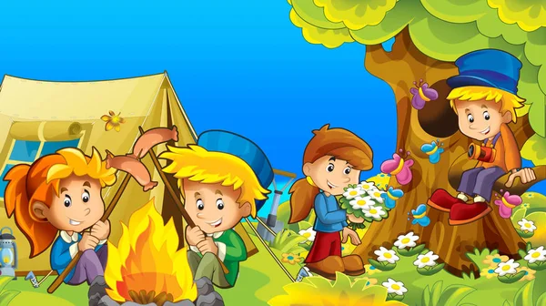 Cartoon Herbst Natur Hintergrund Den Bergen Mit Kindern Spaß Beim — Stockfoto