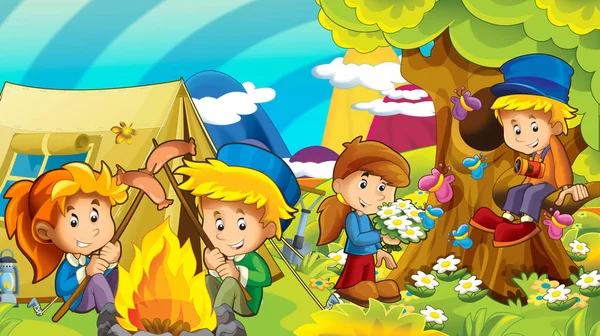 Cartoon Autumn Nature Background Mountains Kids Having Fun Camping Tent — Stock Photo, Image