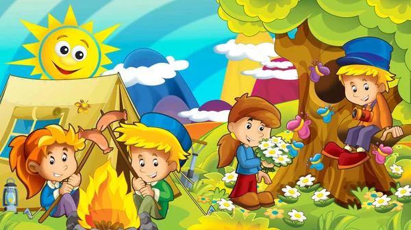 cartoon autumn nature background in the mountains with kids having fun camping with tent with space for text - illustration for children