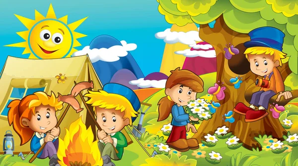 动画片秋天自然背景在山与孩子有乐趣野营与帐篷与空间文本 例证为孩子 — 图库照片