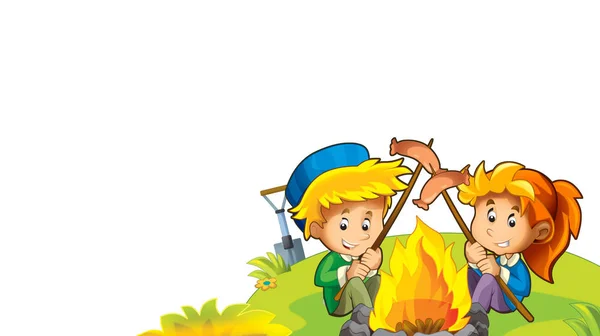 cartoon autumn nature background with kids having fun with camping space for text - illustration for children