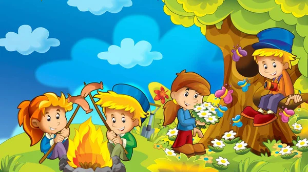 Cartoni Animati Autunno Natura Sfondo Montagna Con Bambini Divertirsi Campeggio — Foto Stock