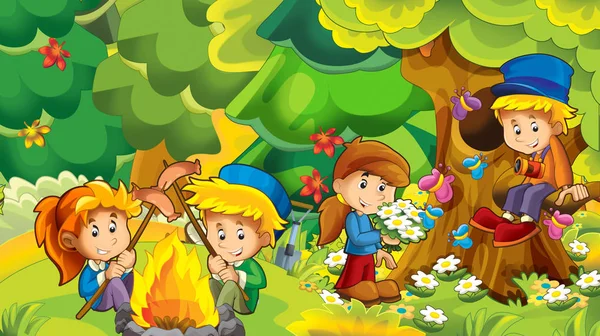 Cartoon Herfst Natuur Achtergrond Bergen Met Kinderen Plezier Camping Met — Stockfoto