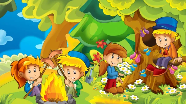 Cartoon Herfst Natuur Achtergrond Bergen Met Kinderen Plezier Camping Met — Stockfoto