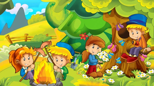 Cartoon Herbst Natur Hintergrund Den Bergen Mit Kindern Spaß Mit — Stockfoto