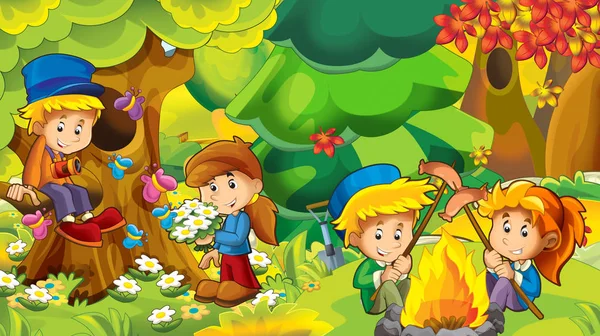 Cartoon Autumn Nature Background Mountains Kids Having Fun Camping Space — Stock Photo, Image