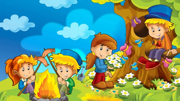 Cartoon Herbst Natur Hintergrund Den Bergen Mit Kindern Spaß Mit — Stockfoto