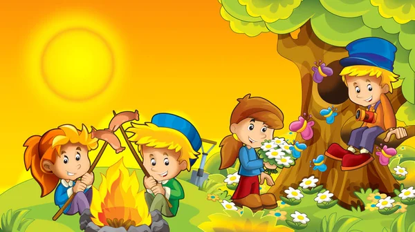 Tecknade Hösten Natur Bakgrund Med Barnen Roligt Med Camping Plats — Stockfoto