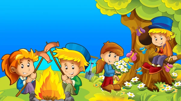 Cartoon Autumn Nature Background Kids Having Fun Camping Space Text — Stock Photo, Image