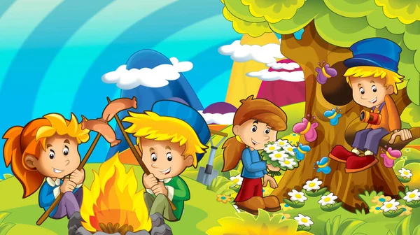 Tecknade Hösten Natur Bakgrund Med Barnen Roligt Med Camping Plats — Stockfoto